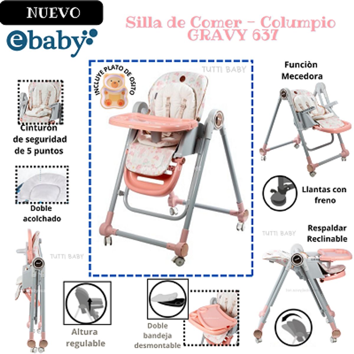 EBABY - SILLA DE COMER- COLUMPIO GRAVY - ROSADO