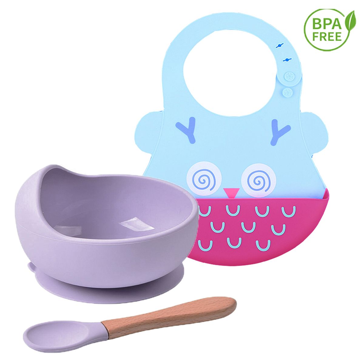 GENERICO - Pack Babero Buho con Cuenco Lila para bebe