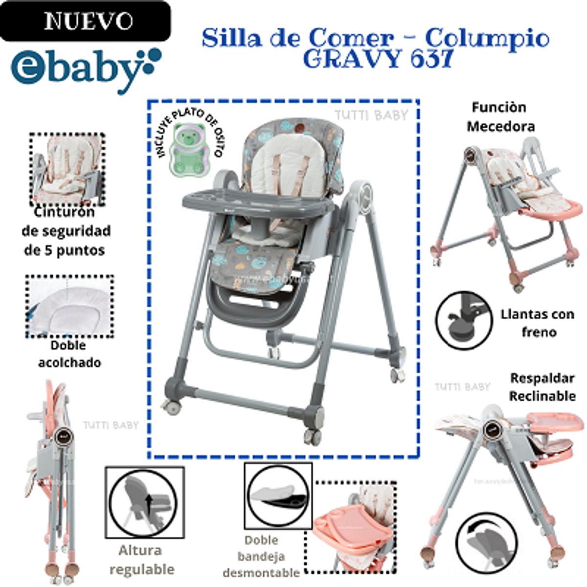EBABY - SILLA DE COMER- COLUMPIO GRAVY - GRIS