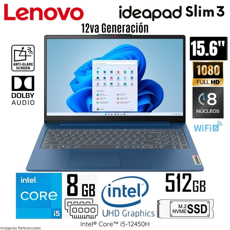LENOVO - Laptop Lenovo Ideapad Slim 3 Intel Core i5-12450H 8GB RAM 512GB SSD 15.6" FHD Free Dos - 83ER001CLM