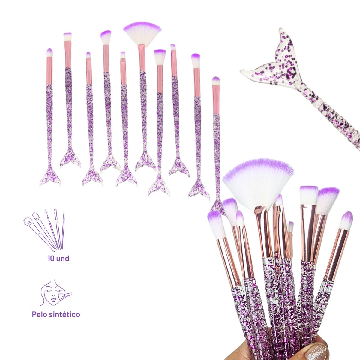 GENERICO - Juego de 10 Brochas Glitter Cola de Sirena VIOLETA