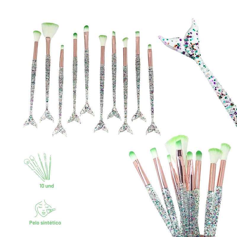 GENERICO - Juego de 10 Brochas Glitter Cola de Sirena VERDE