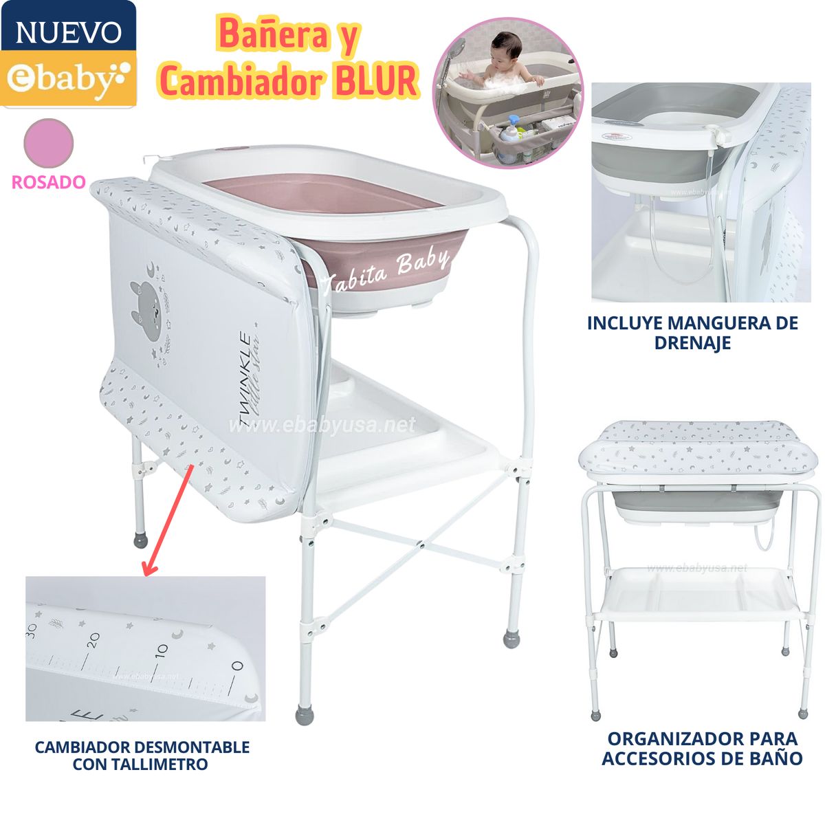 EBABY - Bañera y cambiador plegable Blur Rosado
