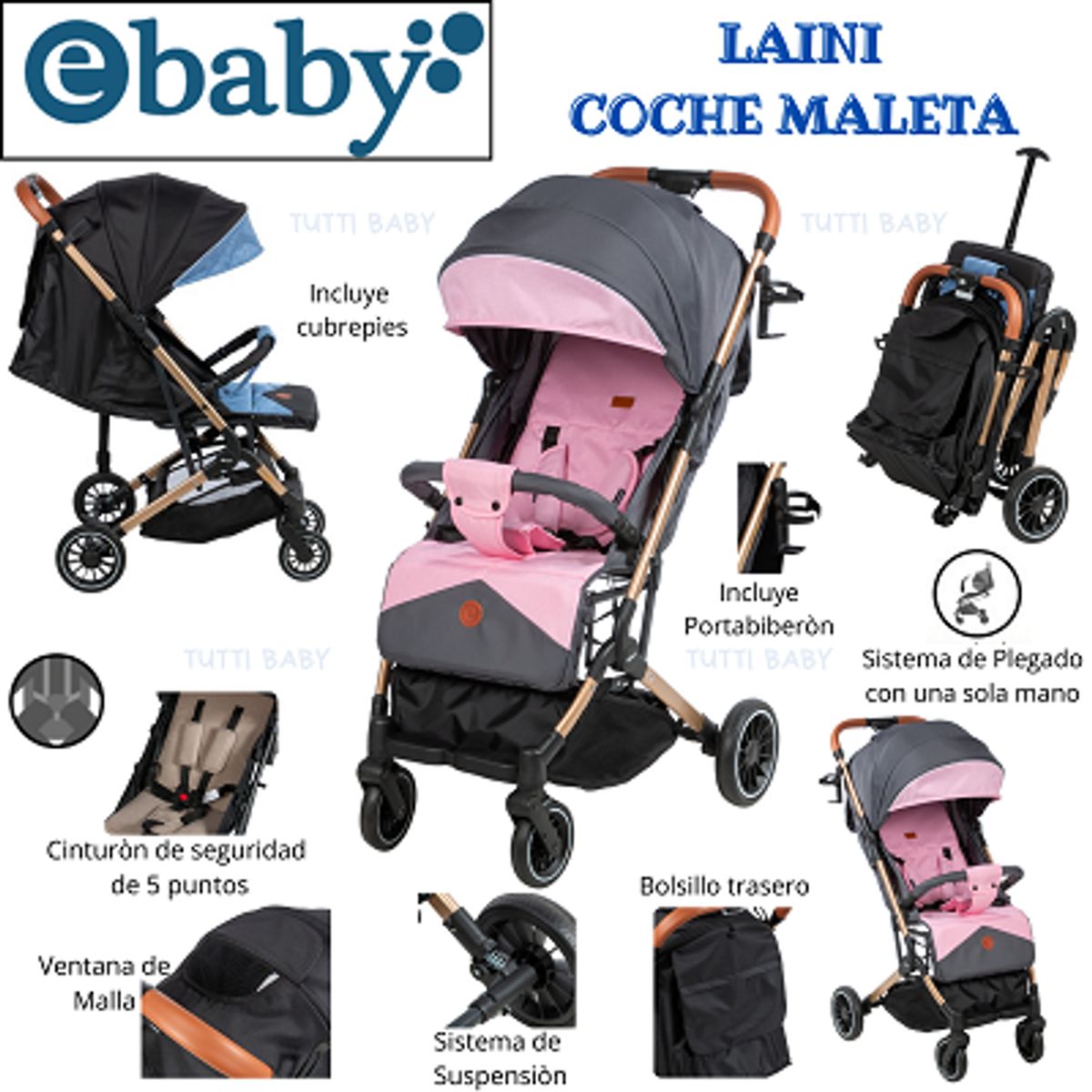 EBABY - COCHE MALETA LAINI - ROSADO