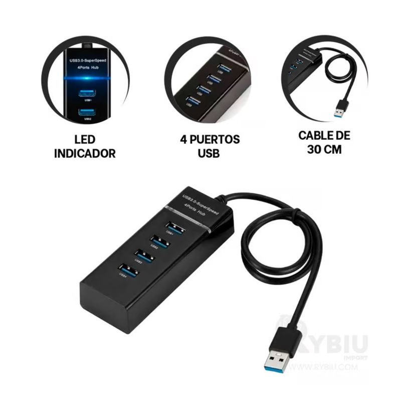 GENERICO - Hub de Puertos USB 3.0 de 4 Salidas Color Negro