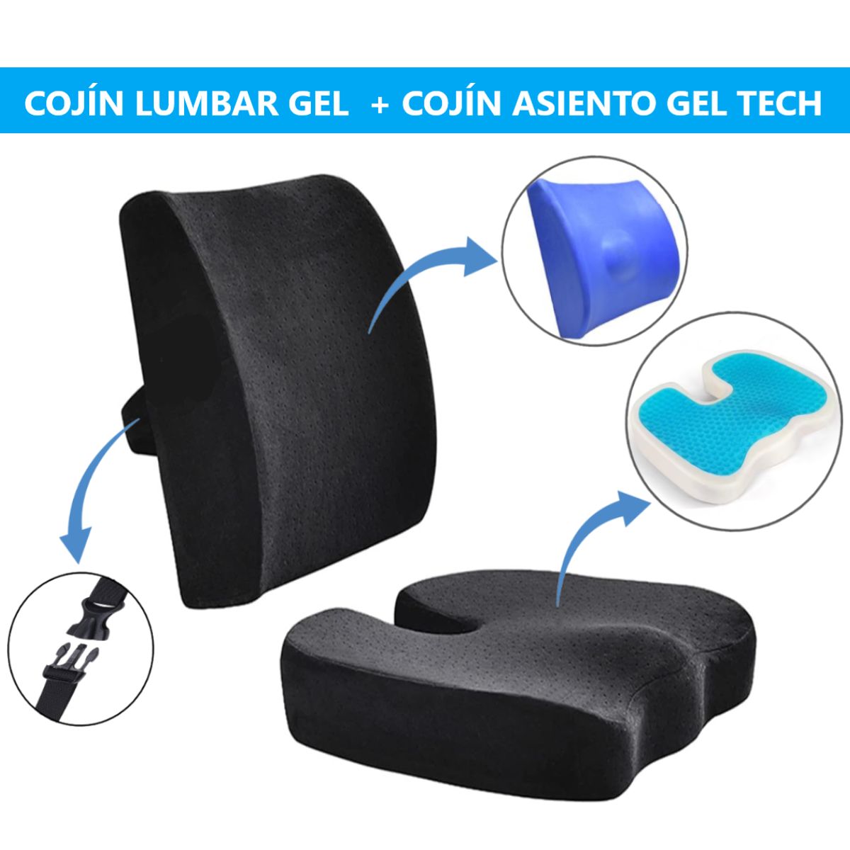 GENERICO - PACK COJÍN LUMBAR GEL + COJÍN DE ASIENTO GEL TECH