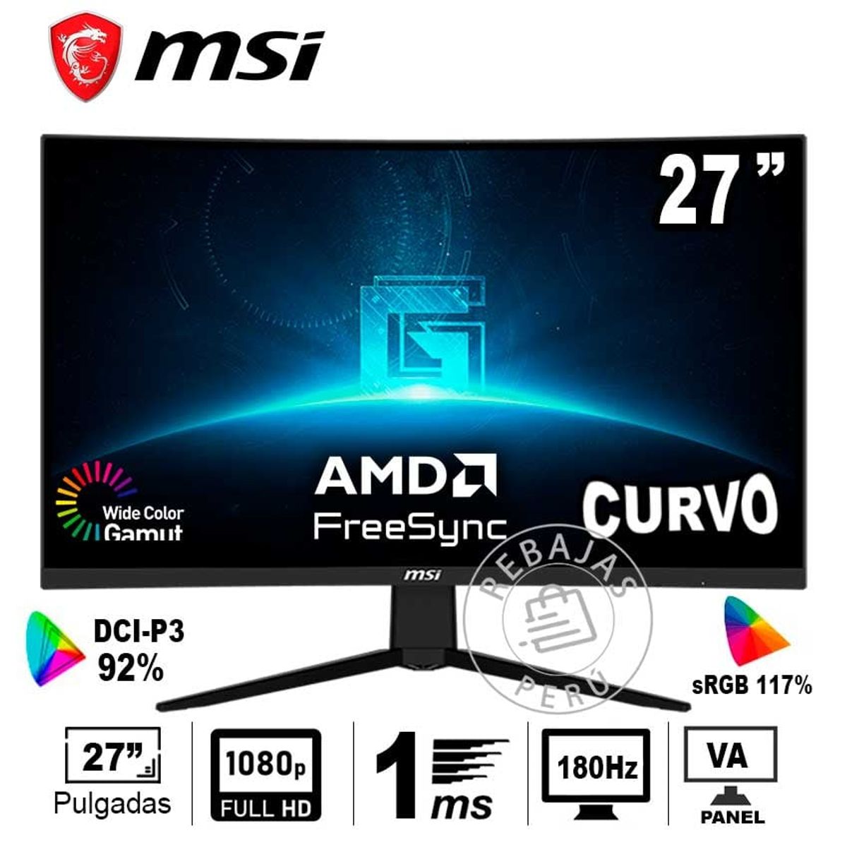 MSI - Monitor MSI G27C3F 27 Curvo 180Hz 1ms FreeSync Premium FHD
