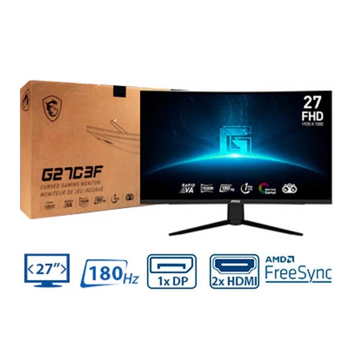 MSI - Monitor MSI G27C3F 27 Curvo 180Hz 1ms FreeSync Premium FHD