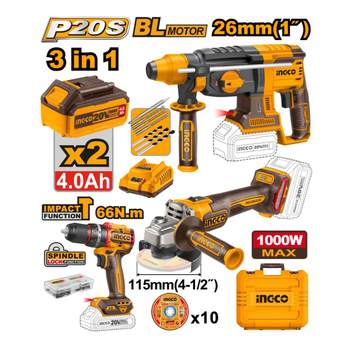 INGCO TOOLS - KIT BRUSHLESS INGCO PERCUTOR + AMOLADORA + ROTOMARTILLO COSLI241198