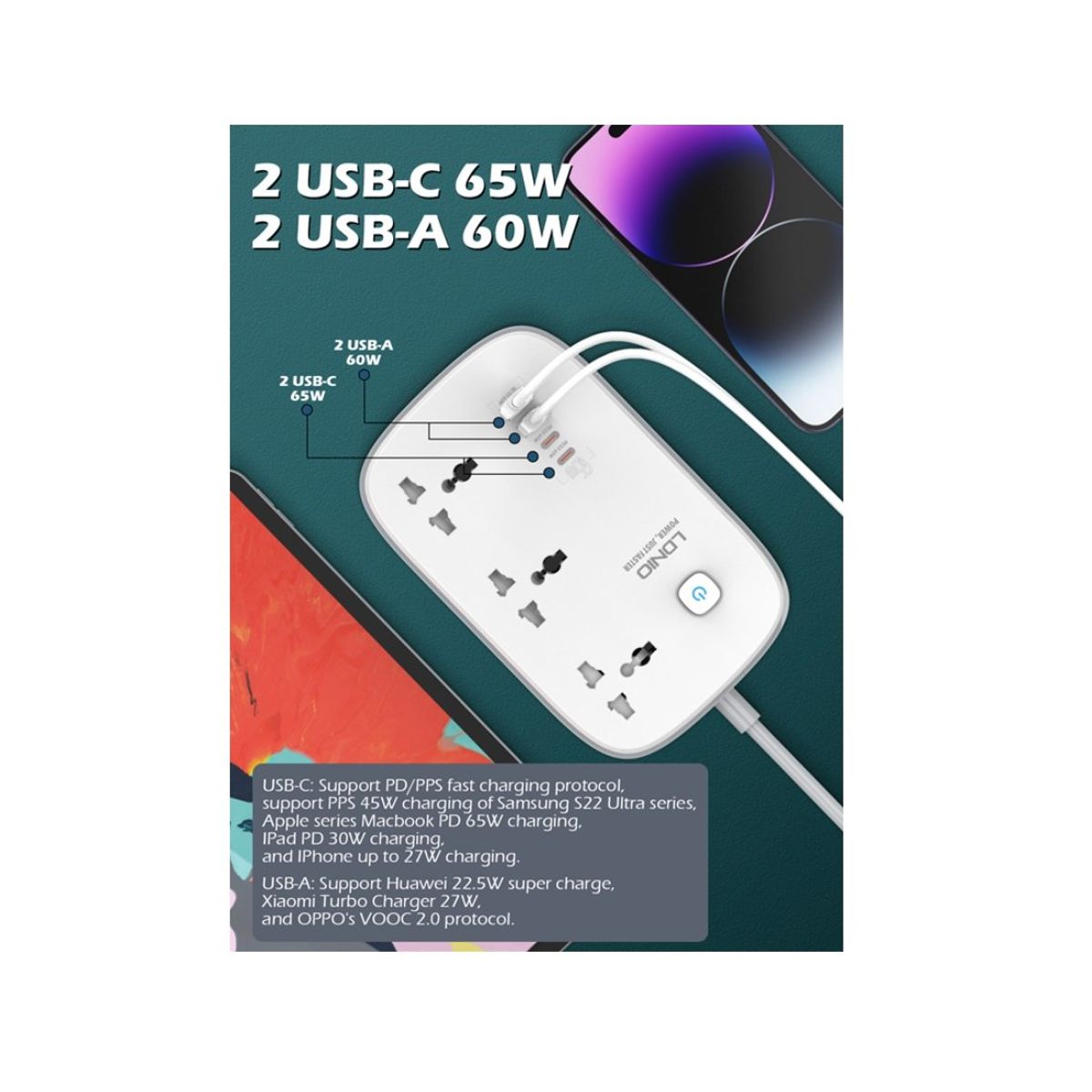 LDNIO - Extensión De Pared Ldnio Sc3416 2 Metros 3 Socket 2 Usb