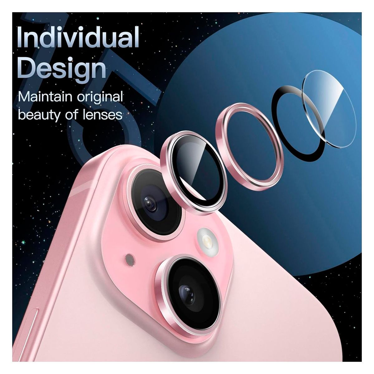 GENERICO - Protector individual para lente de cámaras iPhone 15 Y 15 Plus Rosa