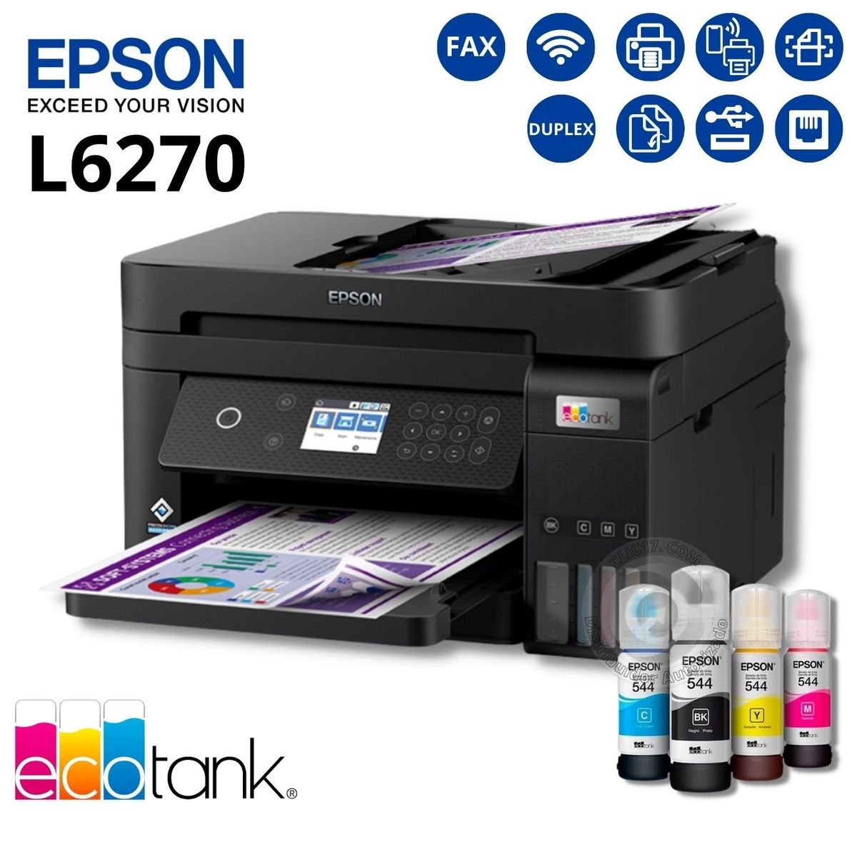 EPSON - Impresora Multifuncional de tinta Epson L6270 Fax USB LAN WiFi Duplex