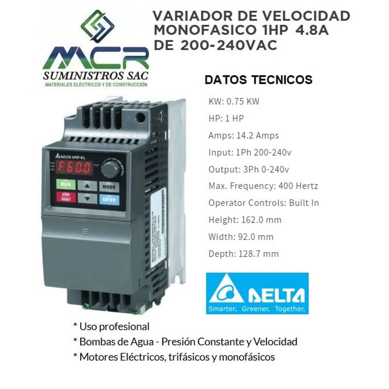 DELTA - VARIADOR DE VELOCIDAD MONOFASICO DE 1HP DE 4.8 A VOLTAJE DE 200-240VAC