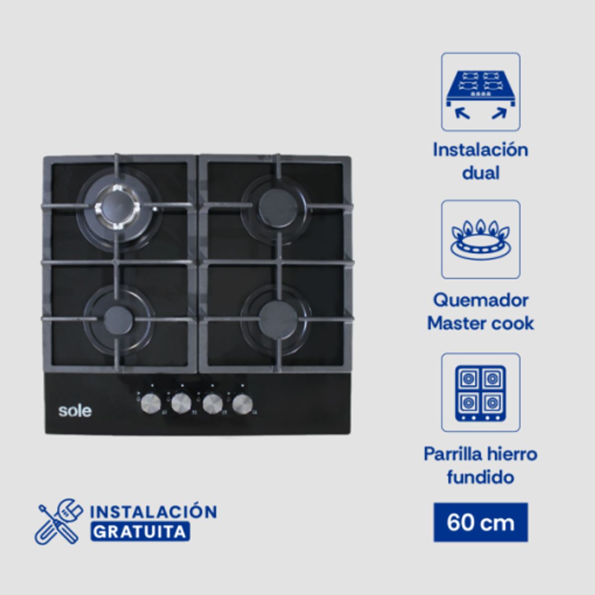 SOLE - Encimera Vidrio Templado Sole A Gas 60cm SOLCO045V2