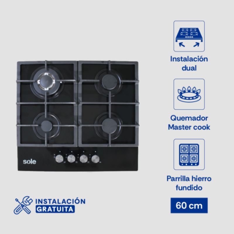 SOLE - Encimera Vidrio Templado Sole A Gas 60cm SOLCO045V2