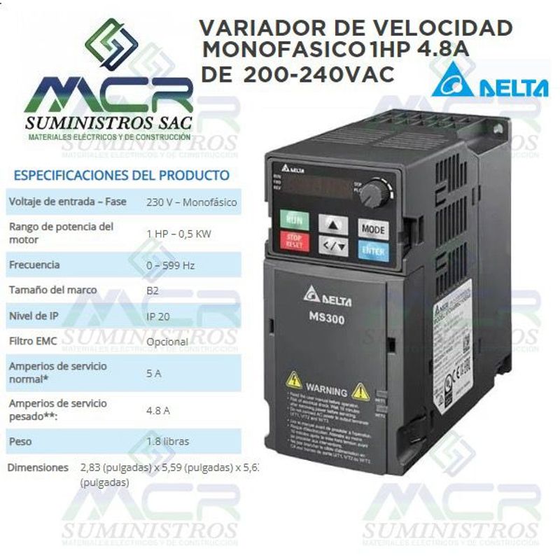 DELTA - VARIADOR DE VELOCIDAD MONOFASICO DE 1HP DE 4,8 A VOLTAJE DE 200-240VAC