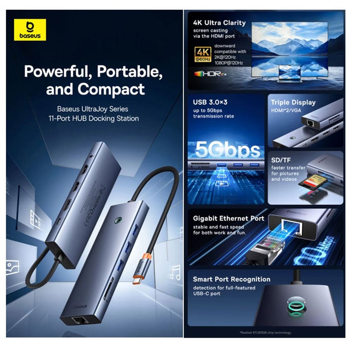 BASEUS - Adaptador BASEUS UltraJoy USB-C HUB 11n1 HDMI DP 4K RJ45 SDTF MacBook