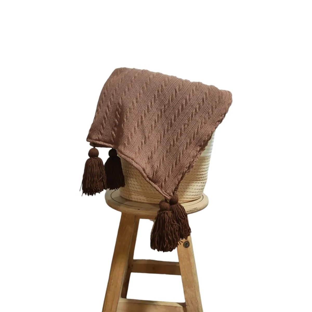 GENERICO - Manta Trenzas XL Marrón + Borlas - Nórdico 200 x150 cm