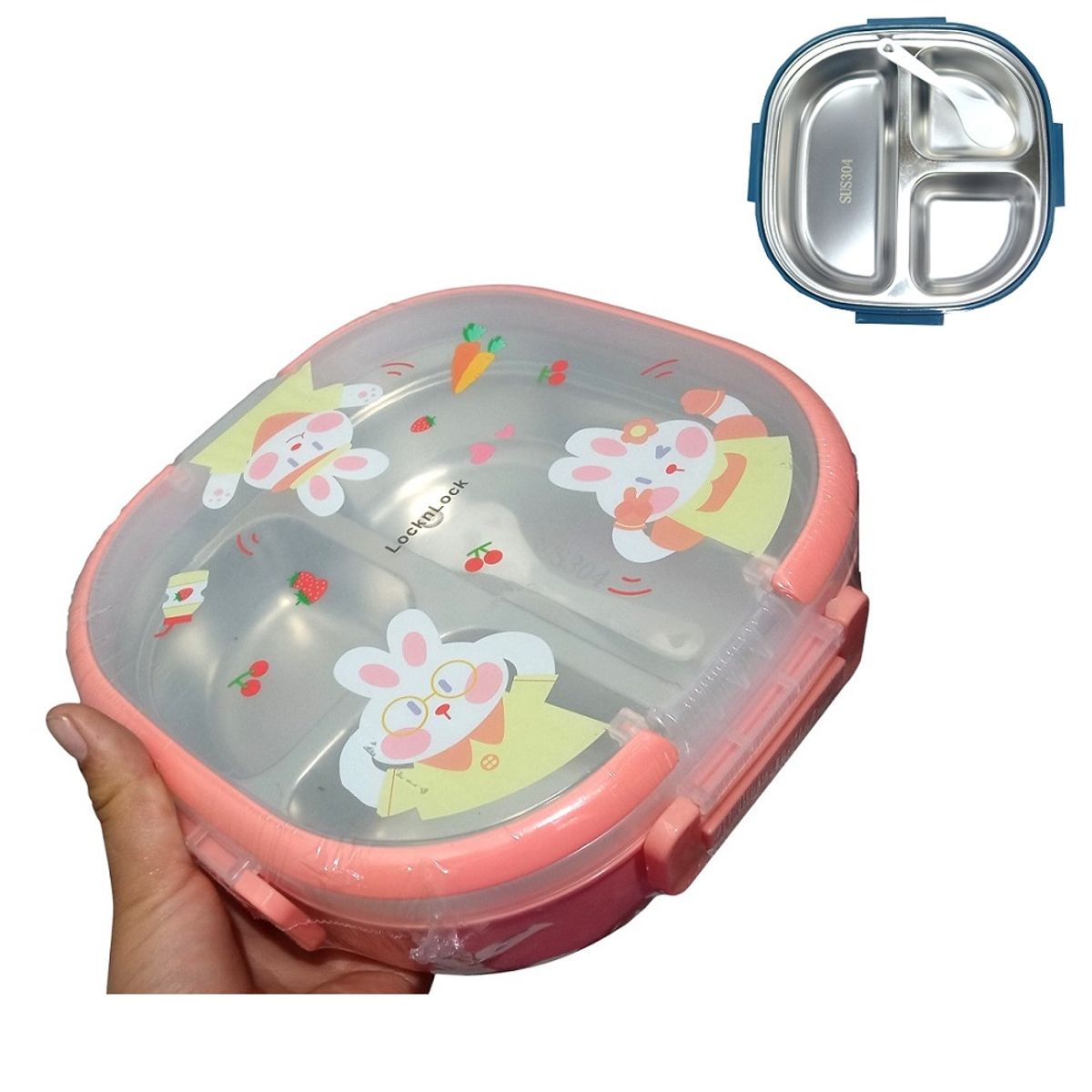 GENERICO - Taper fiambrero 3 compartimientos con cuchara y tapa Rosa