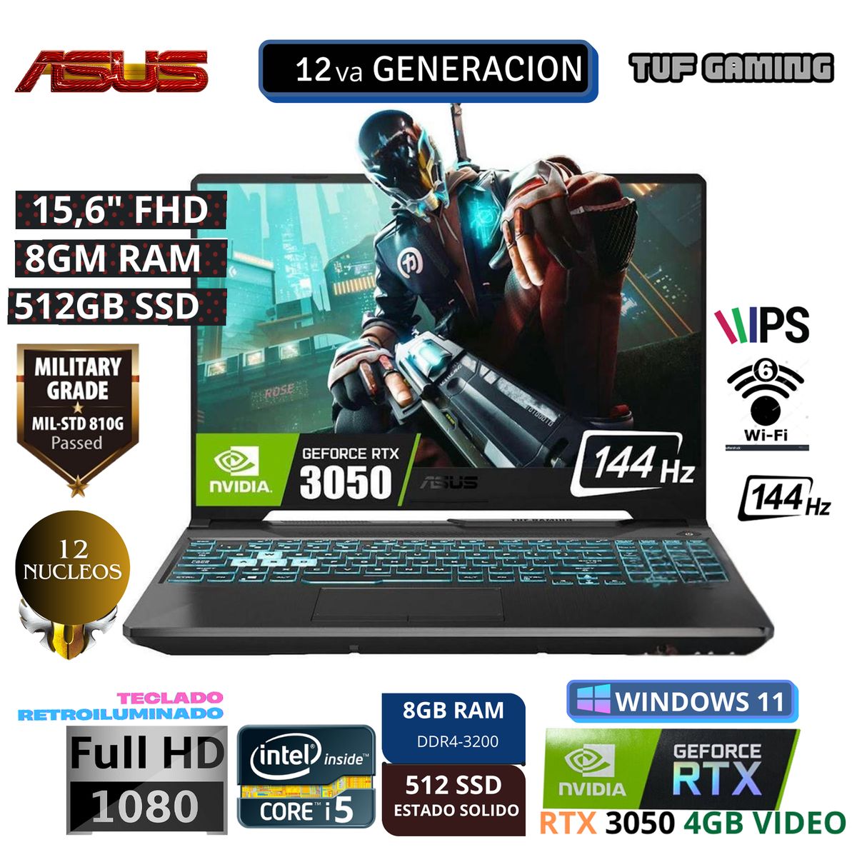 ASUS - LAPTOP ASUS TUF GAMING F15 FX507ZC4-HN005W INTEL CORE I5 12 NUCLEOS 8GB RAM 512GB SSD RTX3050