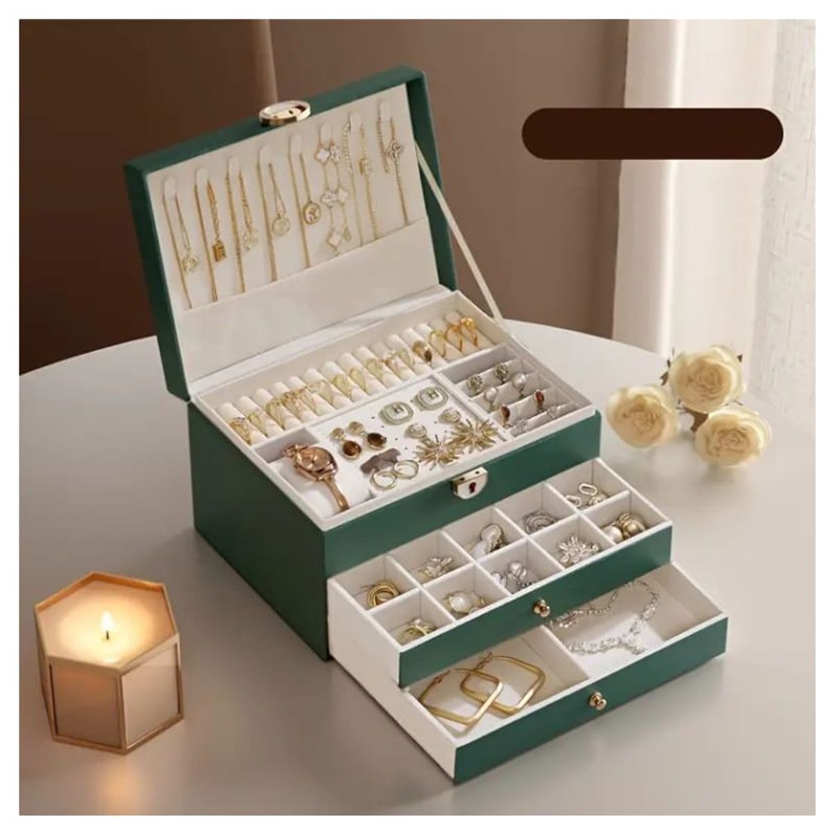 GENERICO - Joyero Grande de Tres Capas PU Organizador de Joyas de 3 Niveles