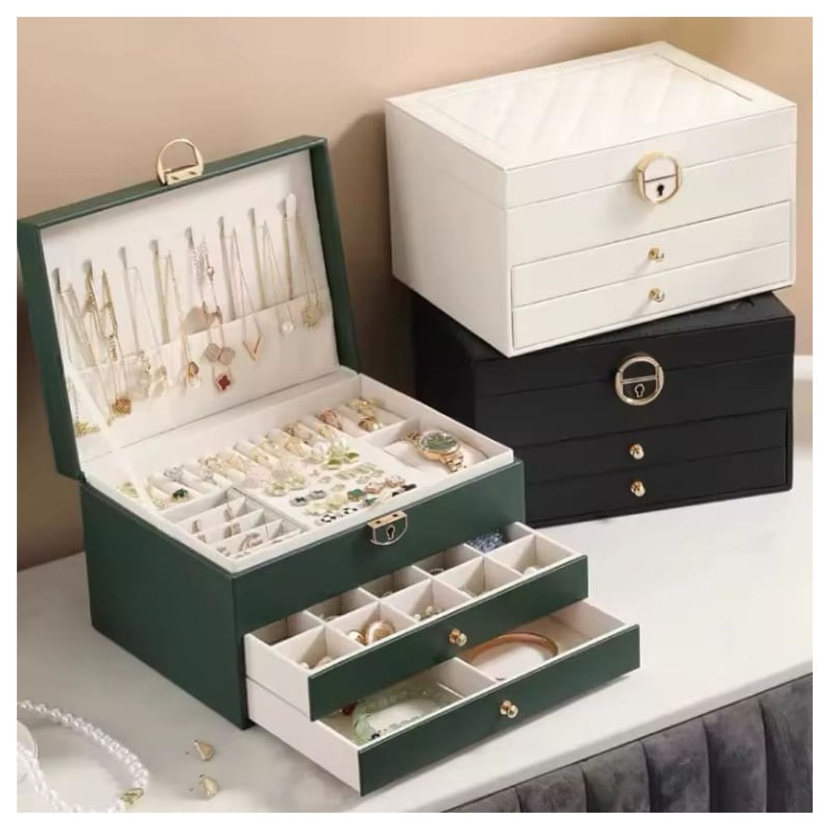 GENERICO - Joyero Grande de Tres Capas PU Organizador de Joyas de 3 Niveles