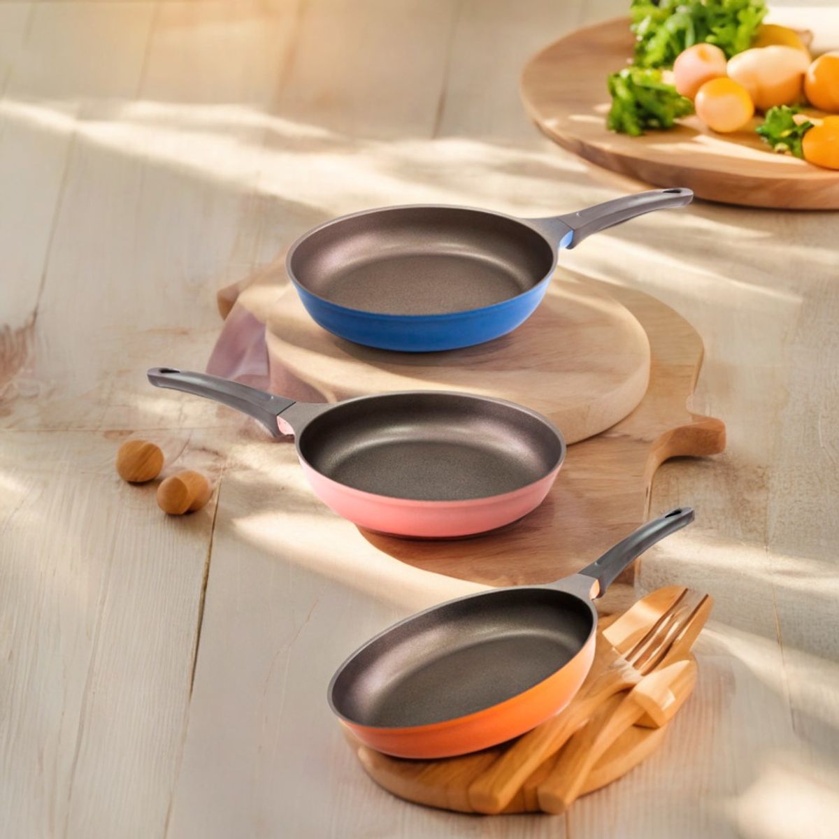 ROICHEN - Pack sartenes - 24cm rosado + 26 cm azul + 28cm naranjo