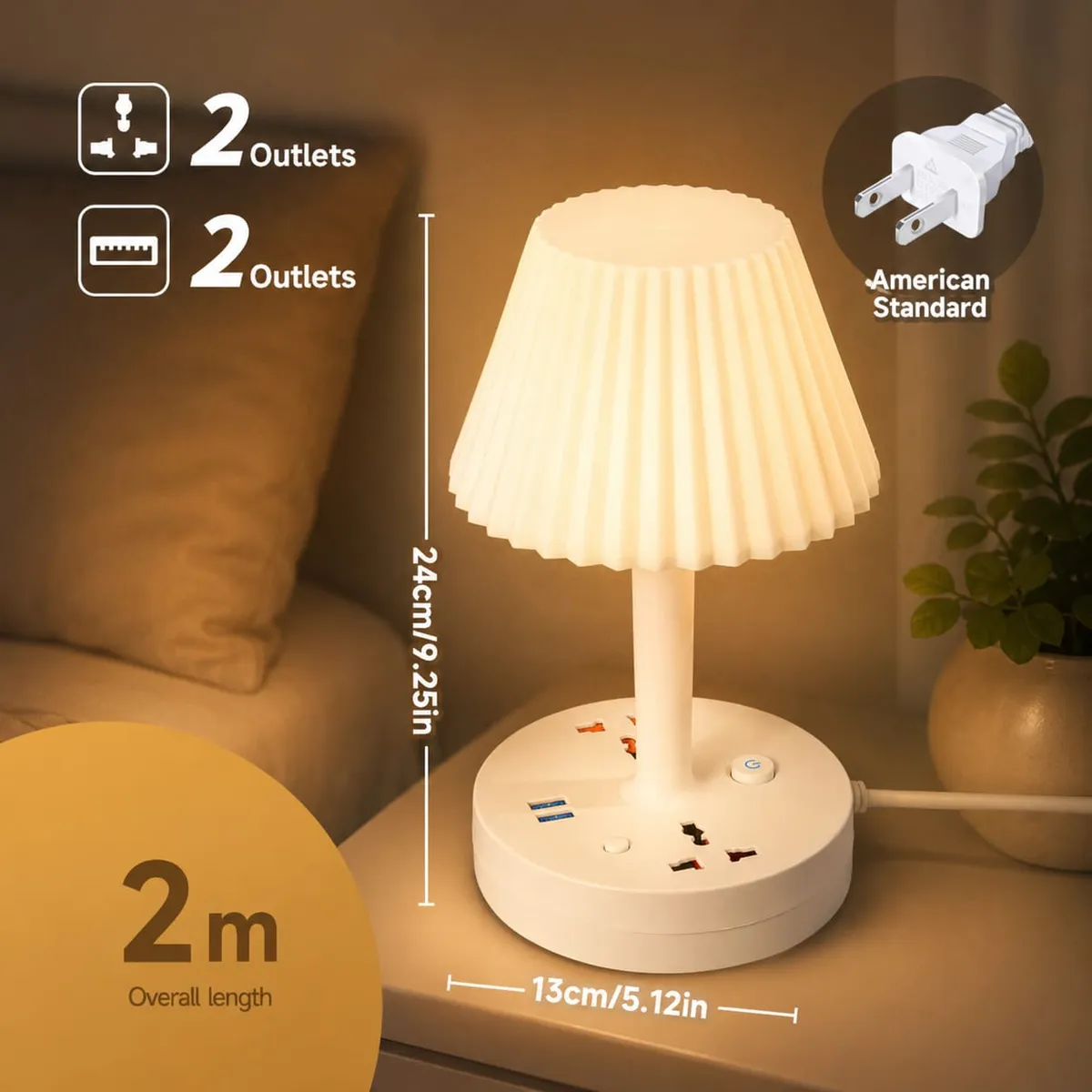 GENERICO - Lampara Dormitorio 2 Usb + 2Tomacorriente + 3 Tonos Luz Led