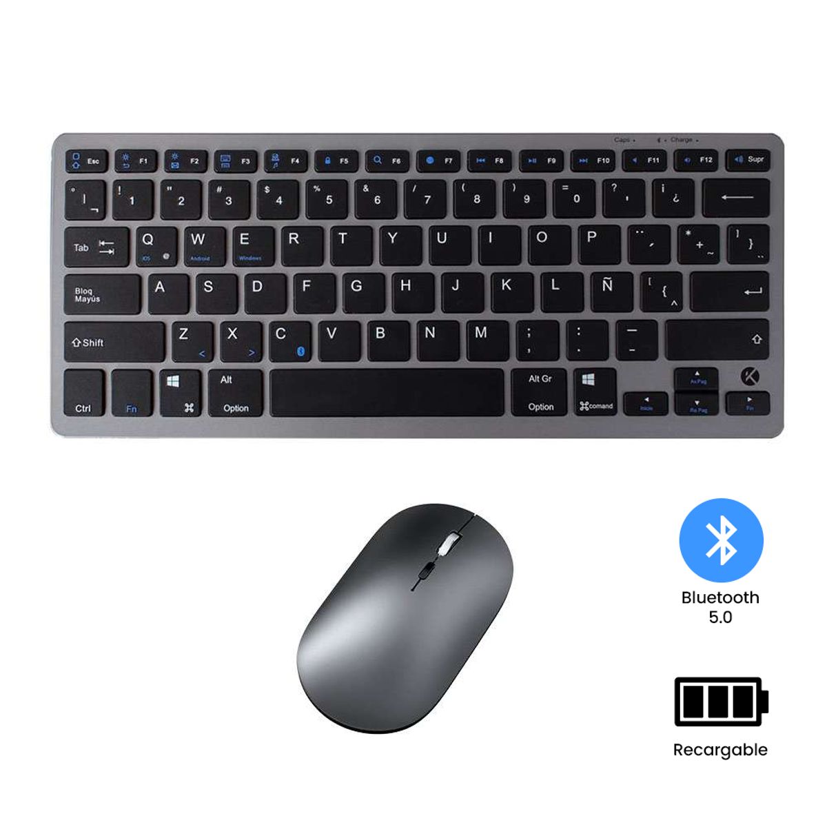 KREED - Teclado y Mouse Inalámbrico Bluetooth Recargable - Negro con gris