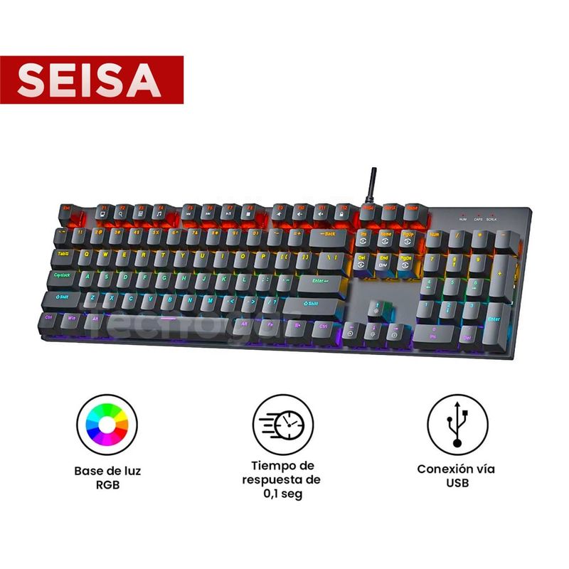 SEISA - Teclado Gamer Mecánico Retroiluminado con Luces Led RGB 104 Teclas