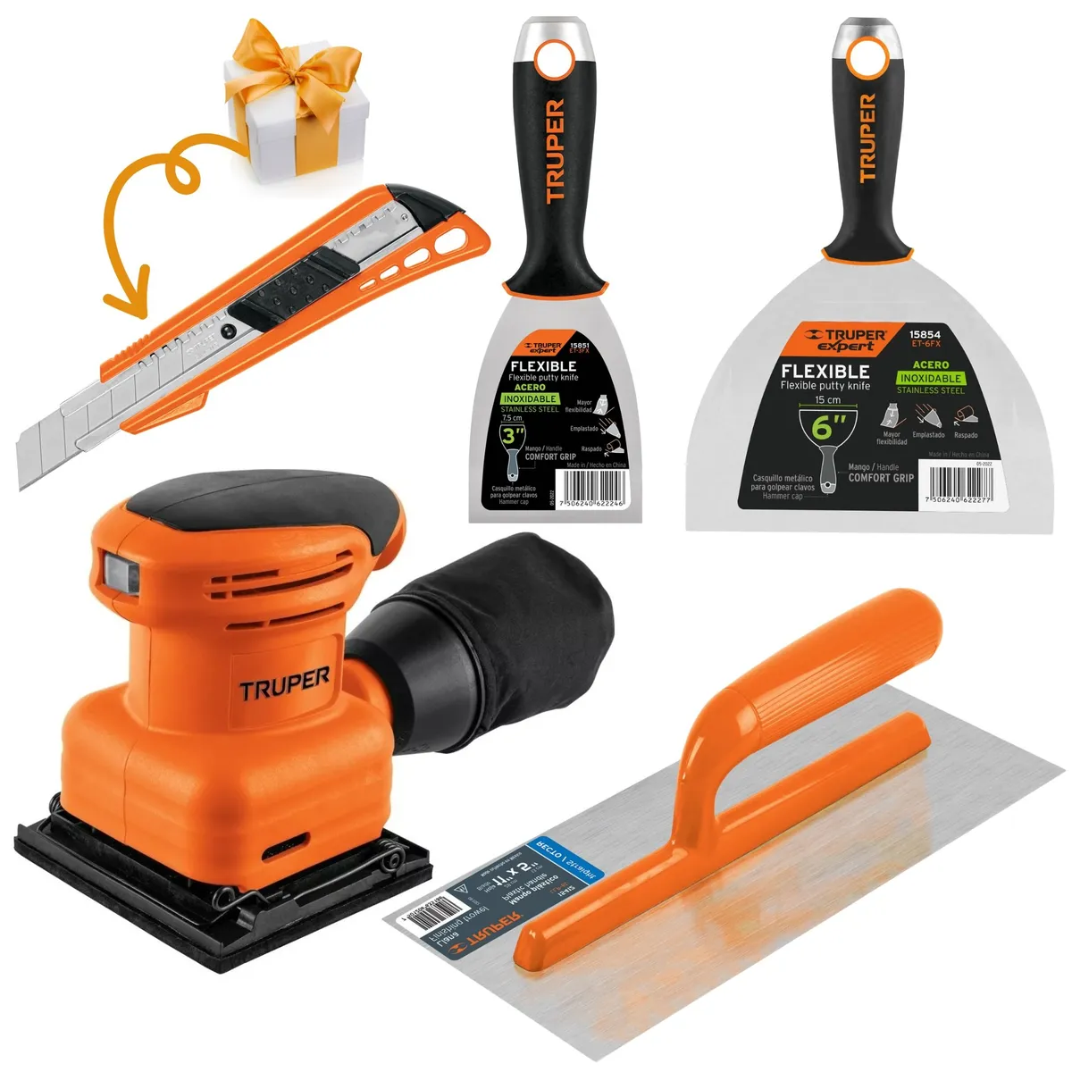 TRUPER - Lijadora orbital profesional 200w kit empastador fino acabado TRUPER