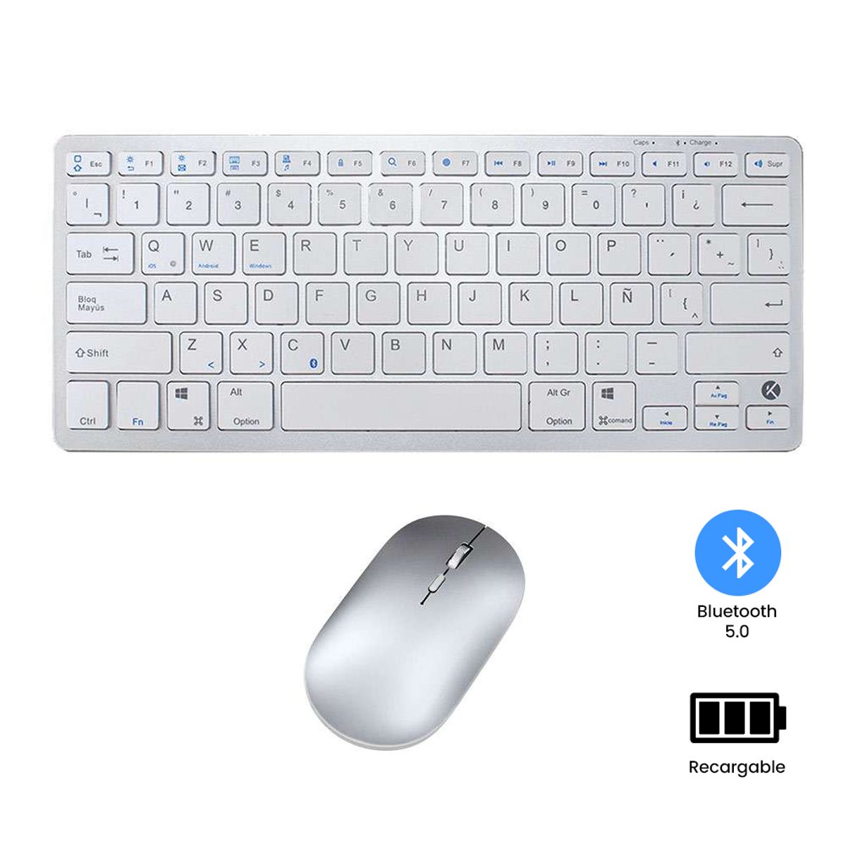 KREED - Teclado y Mouse Inalámbrico Bluetooth Recargable - Blanco