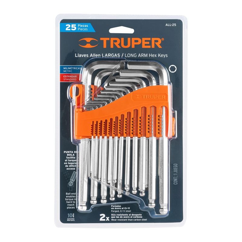 TRUPER - Juego 25 Llaves Allen Largas Mixtas Punta Bola,Organizador