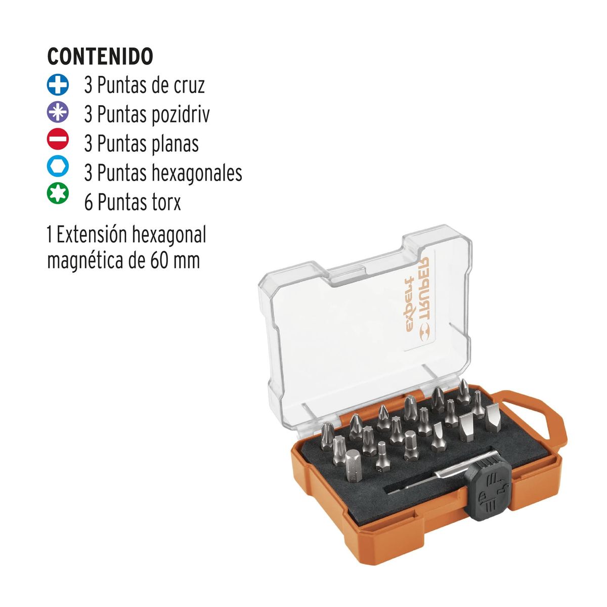Truper - Juego de 19 Puntas Mixtas Largo 1 Pulg  Estuche Plástico
