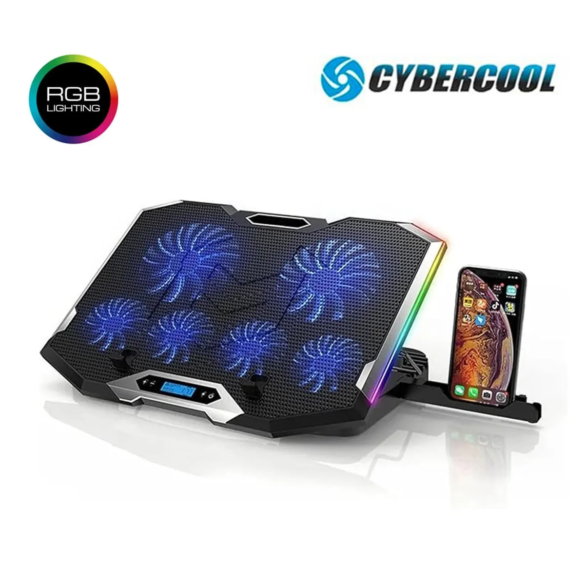 CYBERCOOL - Cooler Laptop 6 Ventiladores Gamer con Soporte para Smartphone HA-K9