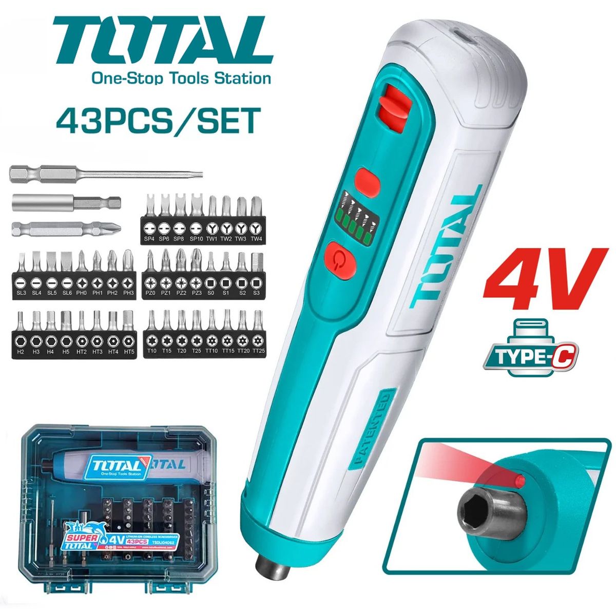 TOTAL TOOLS - Destornillador inalambrico recargable TOTAL 4V 43 pcs estuche 5N.m