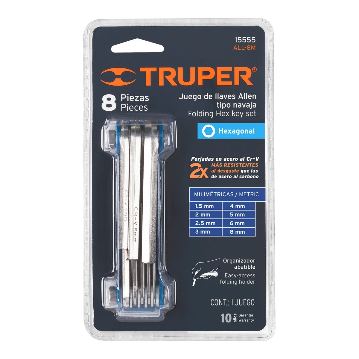 TRUPER - Juego de 8 Llaves Allen mm Tipo Navaja, Cuerpo de Lámina