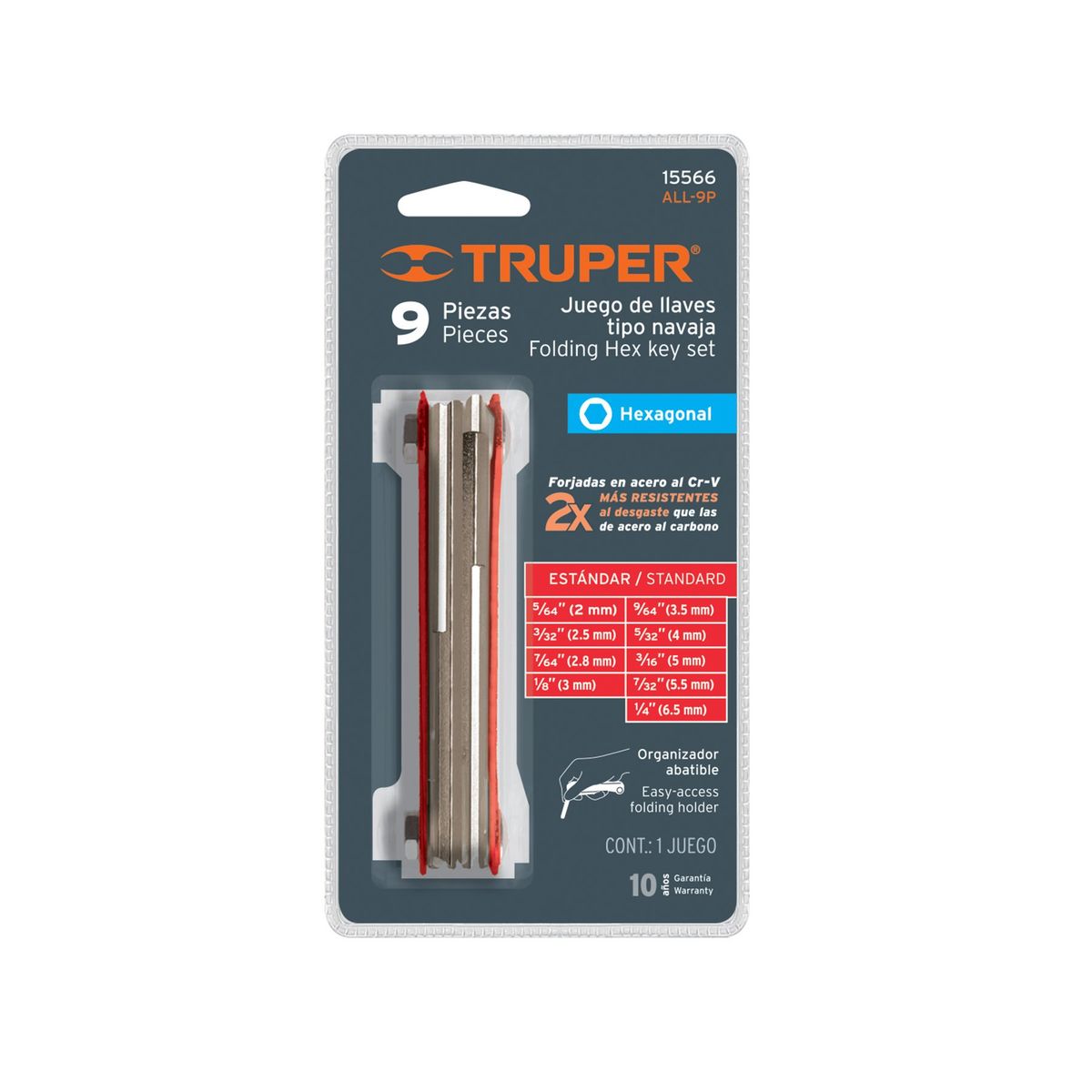 TRUPER - Juego de 9 Llaves Allen STD Tipo Navaja, Cuerpo de Lámina