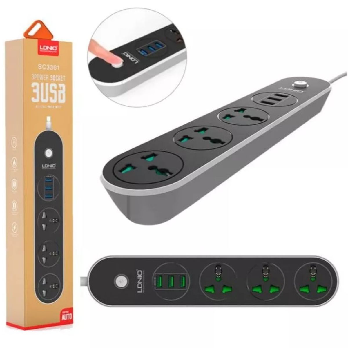 LDNIO - Extencion tomacorriente Ldnio Sc3301 3 USB 3 Socket Carga Rapida