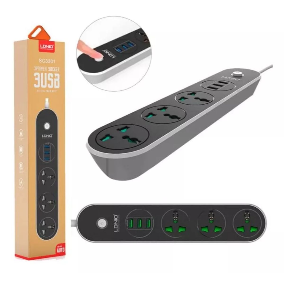 LDNIO - Extencion tomacorriente Ldnio Sc3301 3 USB 3 Socket Carga Rapida