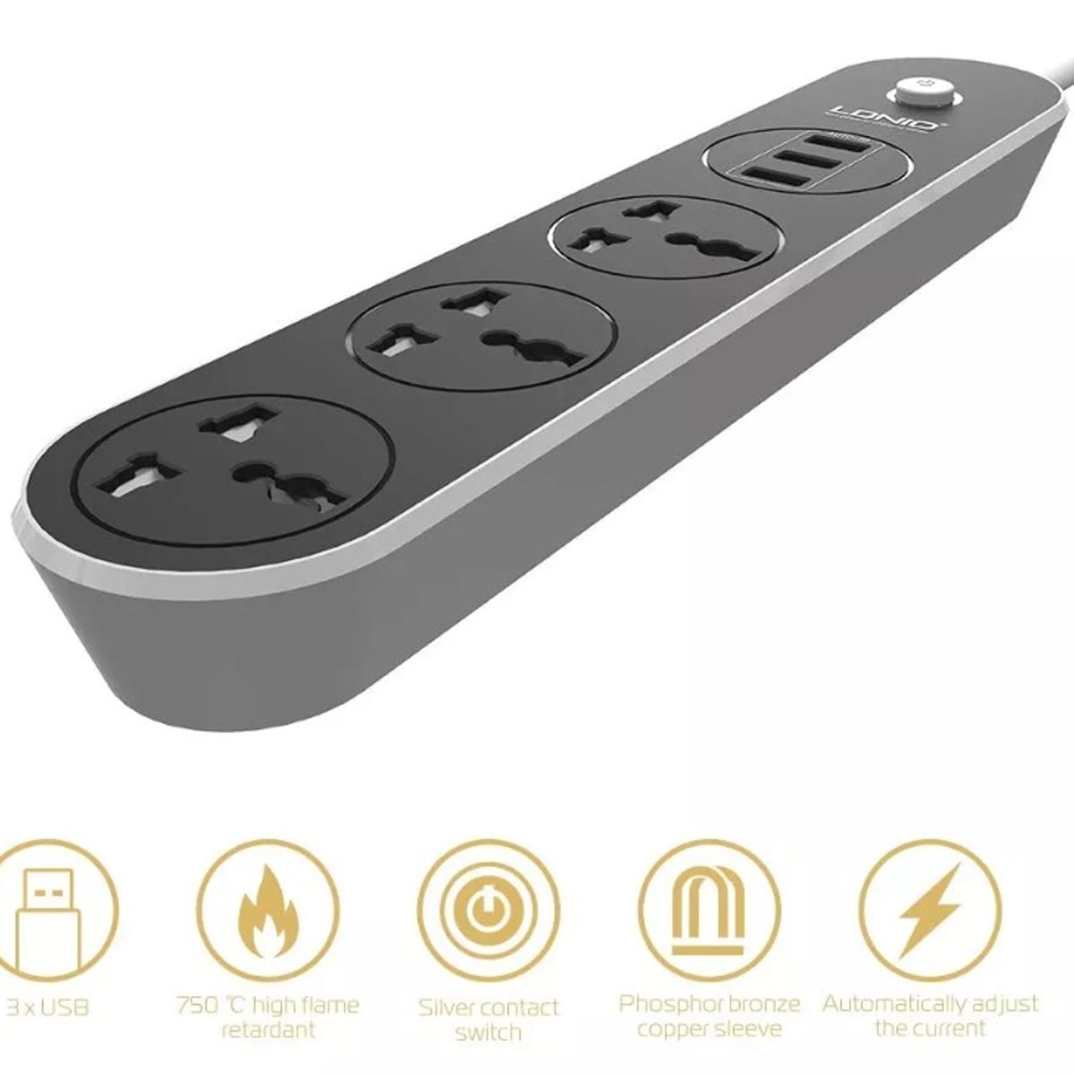 LDNIO - Extencion tomacorriente Ldnio Sc3301 3 USB 3 Socket Carga Rapida