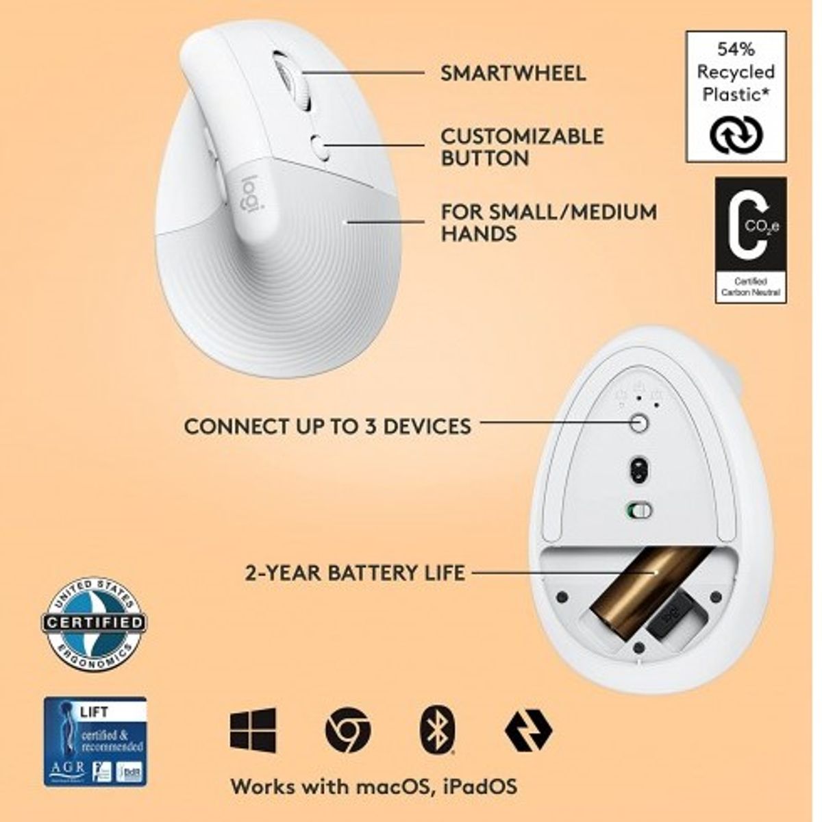 LOGITECH - Mouse Logitech Vertical MX Lift Bluetooth Ergonómico - Blanco