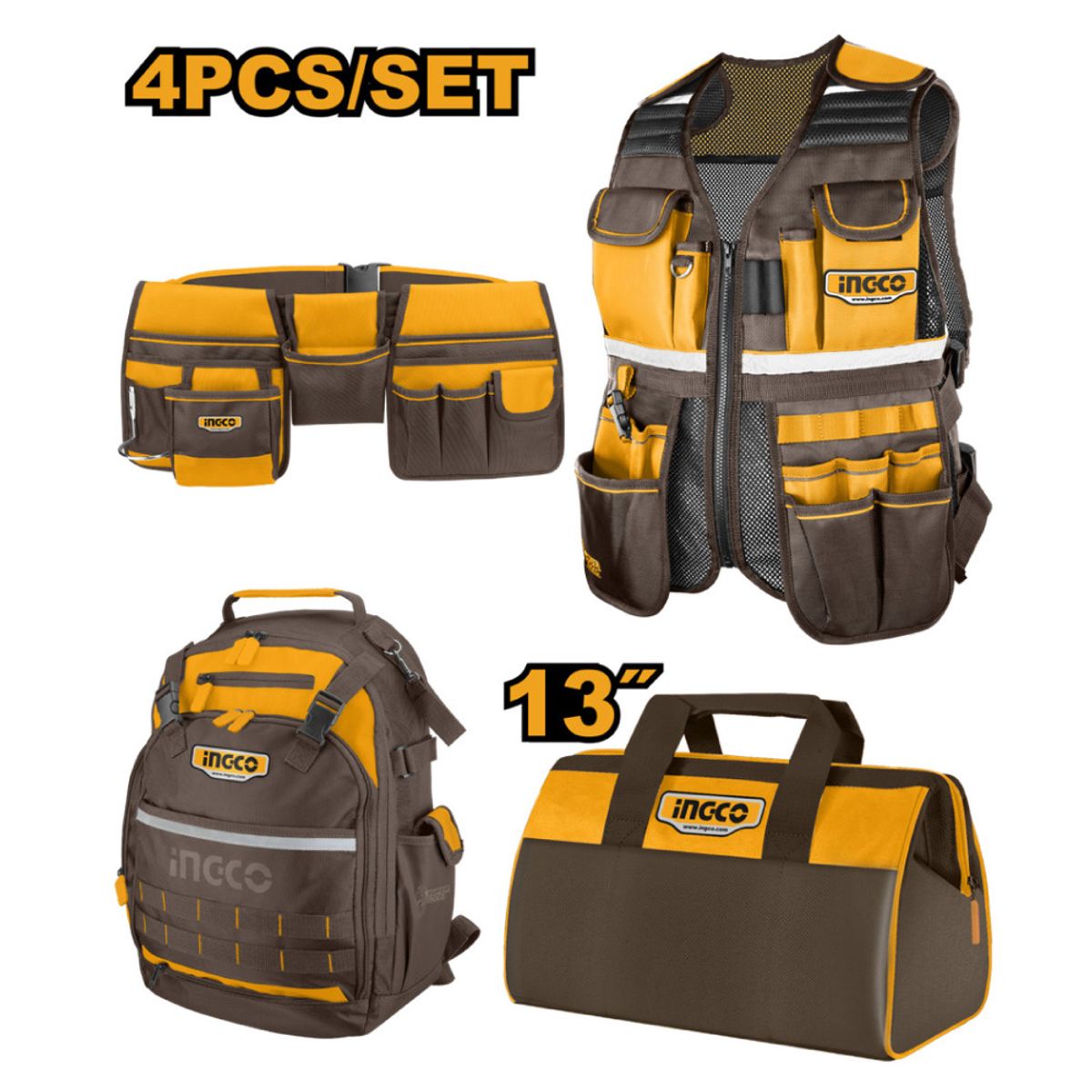 INGCO TOOLS - KIT HERRAMIENTAS INGCO CHALECO + MOCHILA + BOLSO + CINTURÓN COS230908