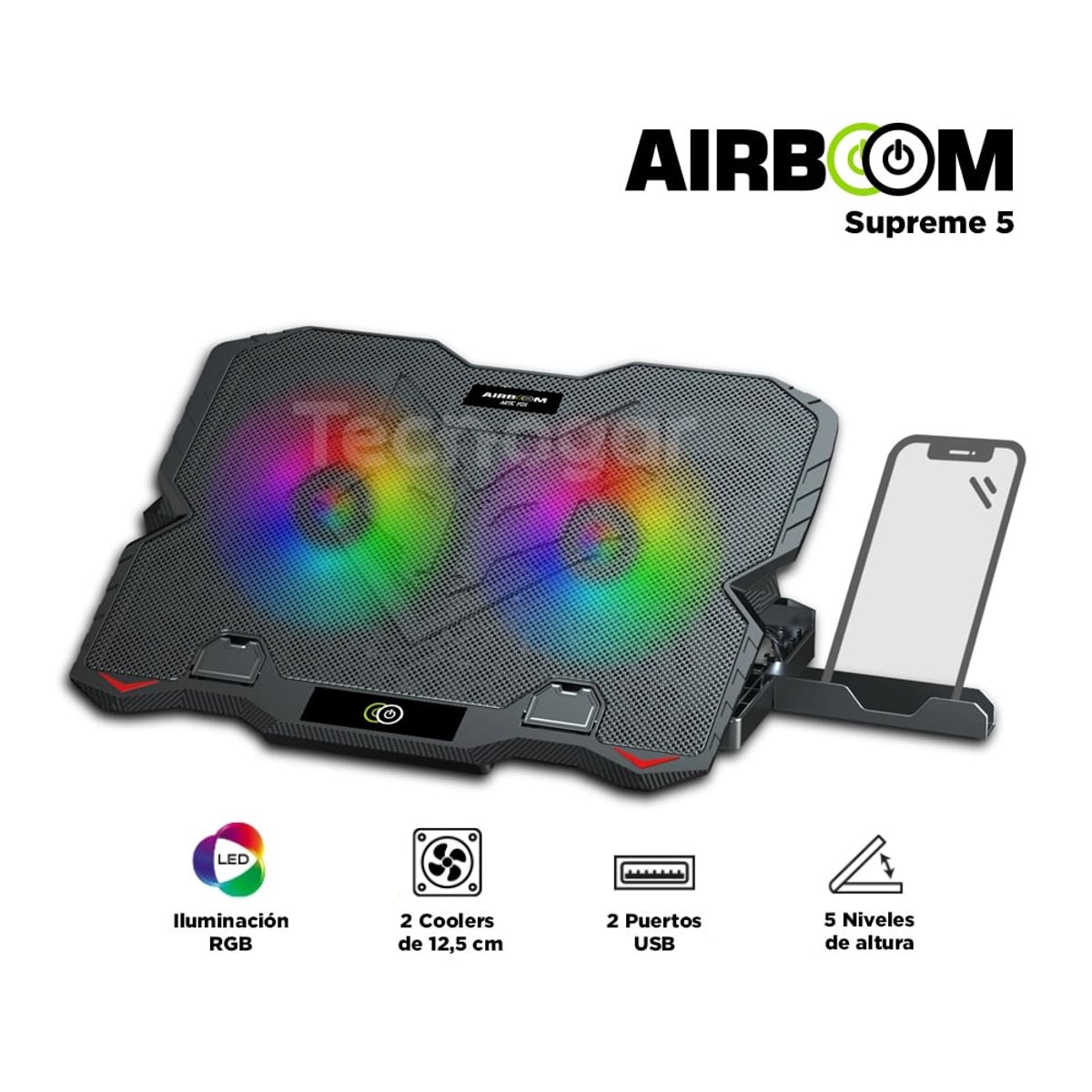 AIRBOOM - Cooler para Laptop 2 Ventiladores Gamer Artic Fox 5 Hasta 17" + 2 USB