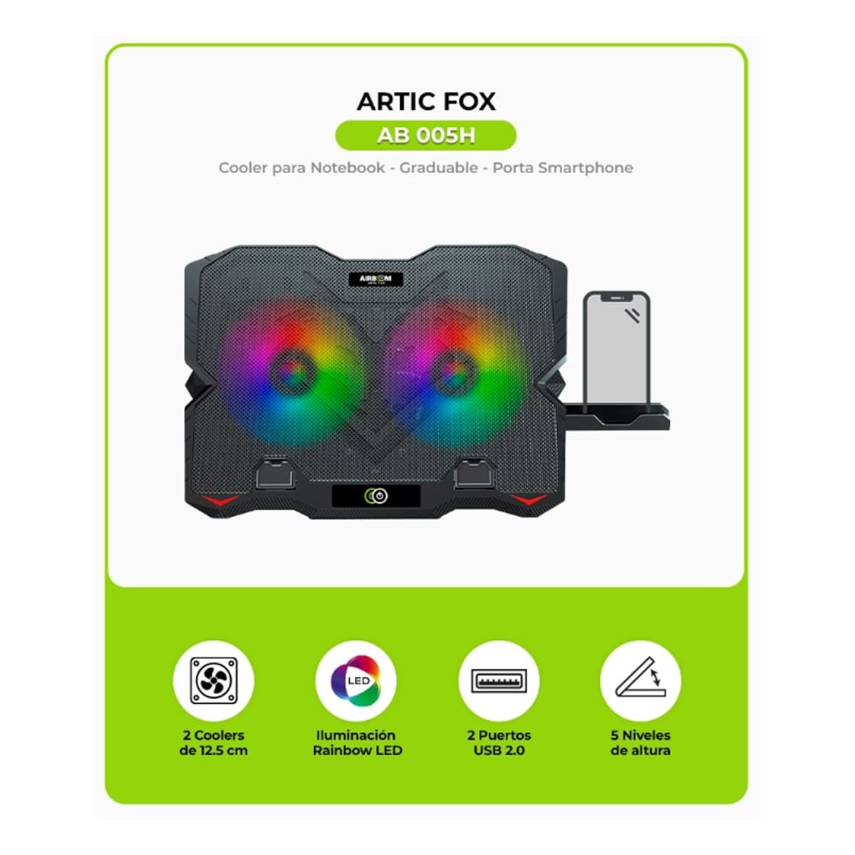 AIRBOOM - Cooler para Laptop 2 Ventiladores Gamer Artic Fox 5 Hasta 17" + 2 USB