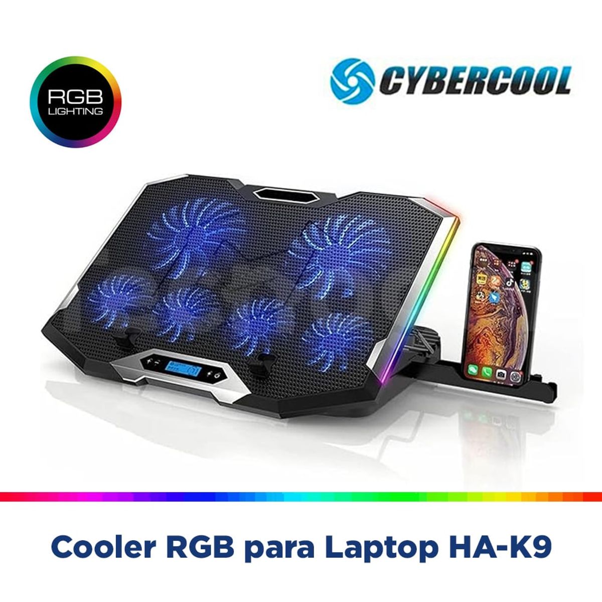 CYBERCOOL - Cooler Laptop 6 Ventiladores Gamer + Soporte de Celular 17" HA-K9
