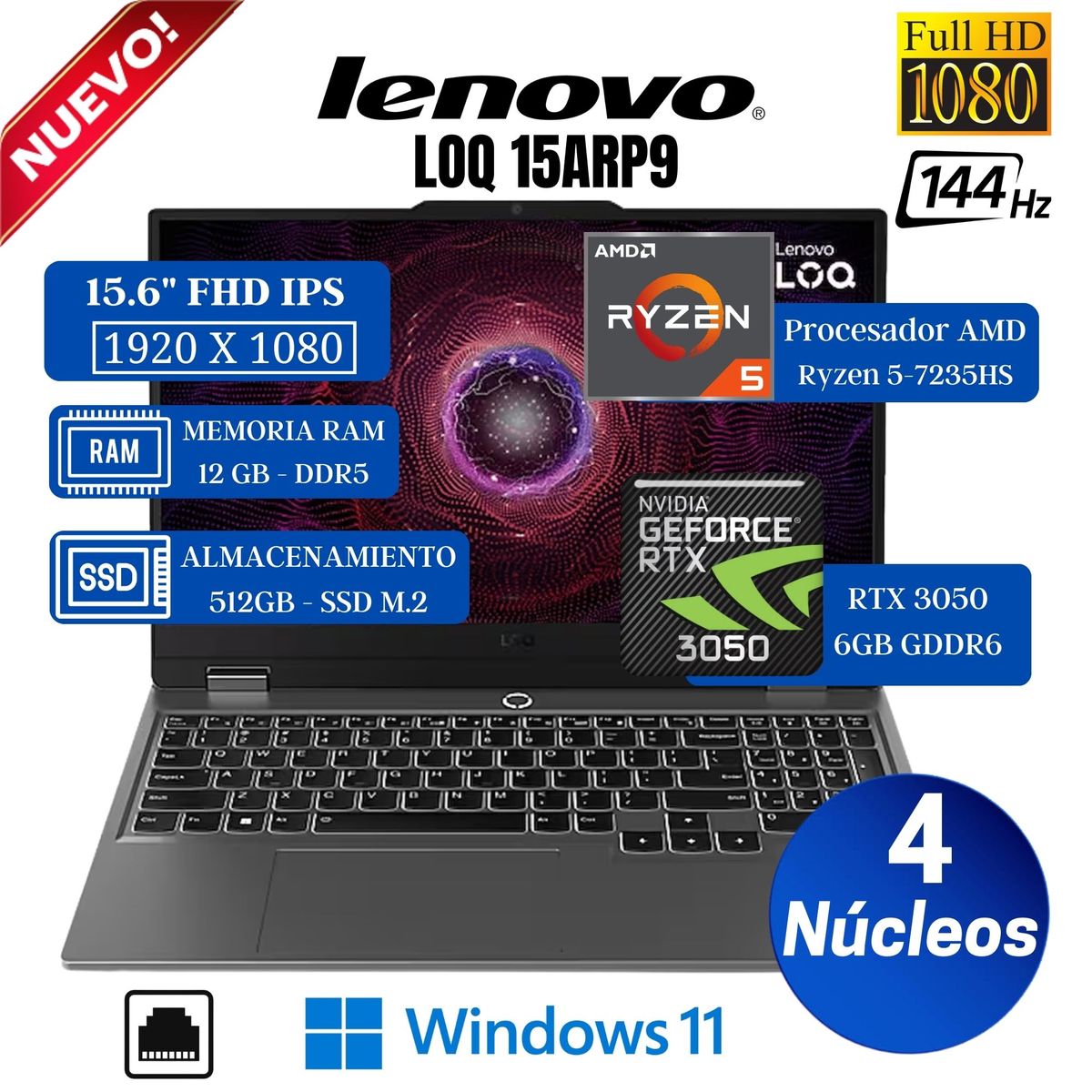 LENOVO - Laptop Lenovo LOQ 15ARP9 15.6"  FHD IPS, AMD RYZEN 5-7235HS, Ram 12GB, Ssd 512GB, Rtx 3050, Win 11