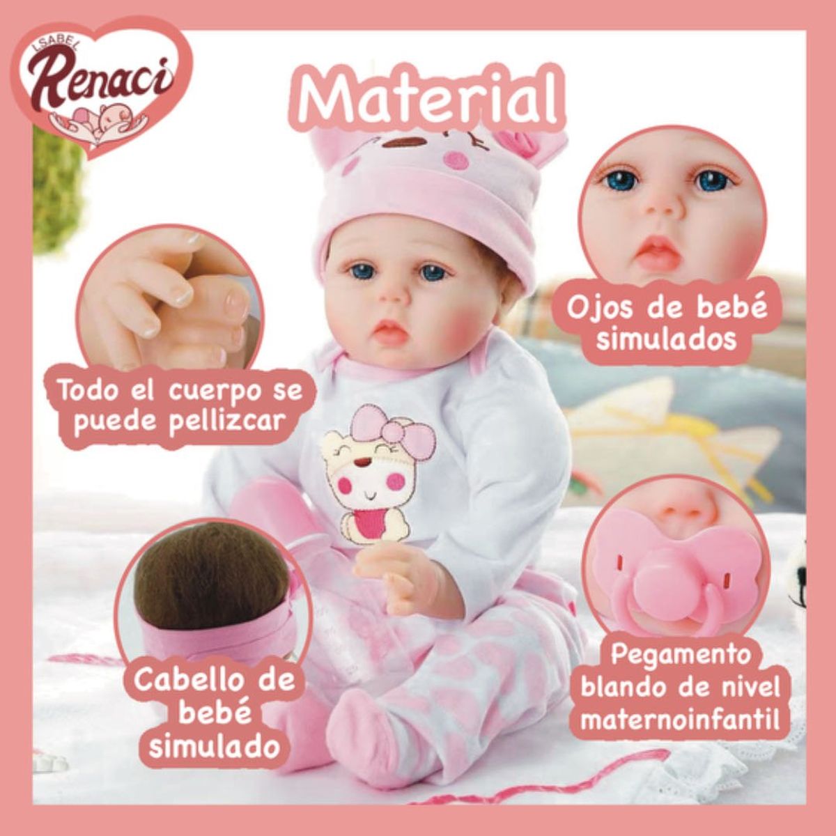 LSABEL RENACI - Muñeca Bebé Reborn Silicona Color Rosado 55cm