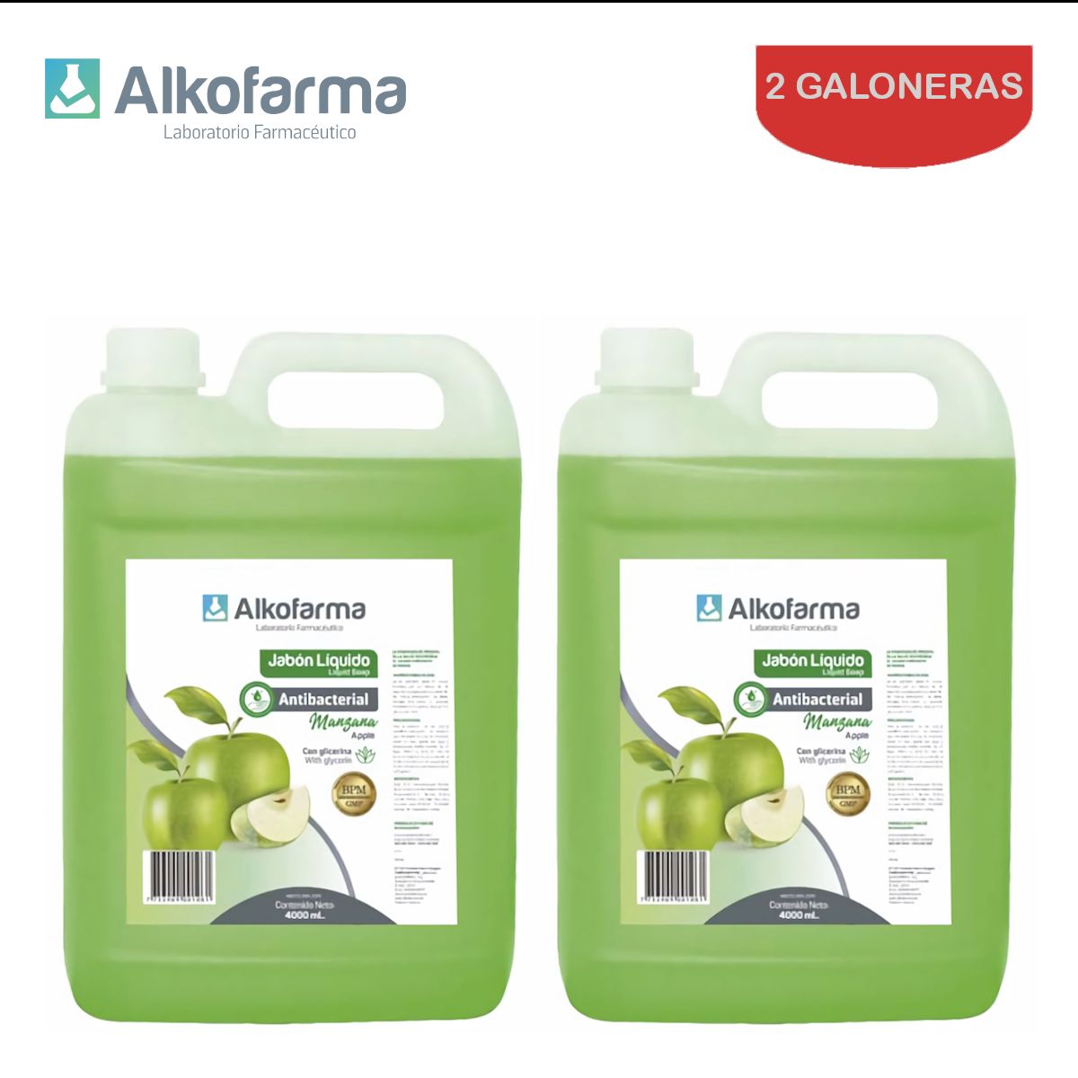 ALKOFARMA - Jabón líquido antibac. 4L manzana ALKOFARMA. Pack 2 galones