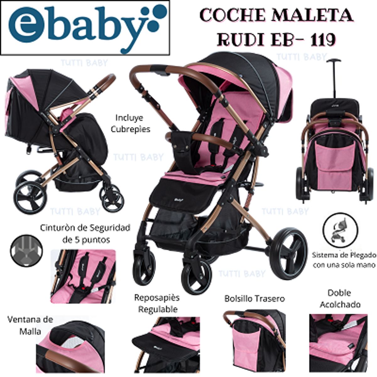 EBABY - COCHE MALETA RUDI EB119 - ROSADO